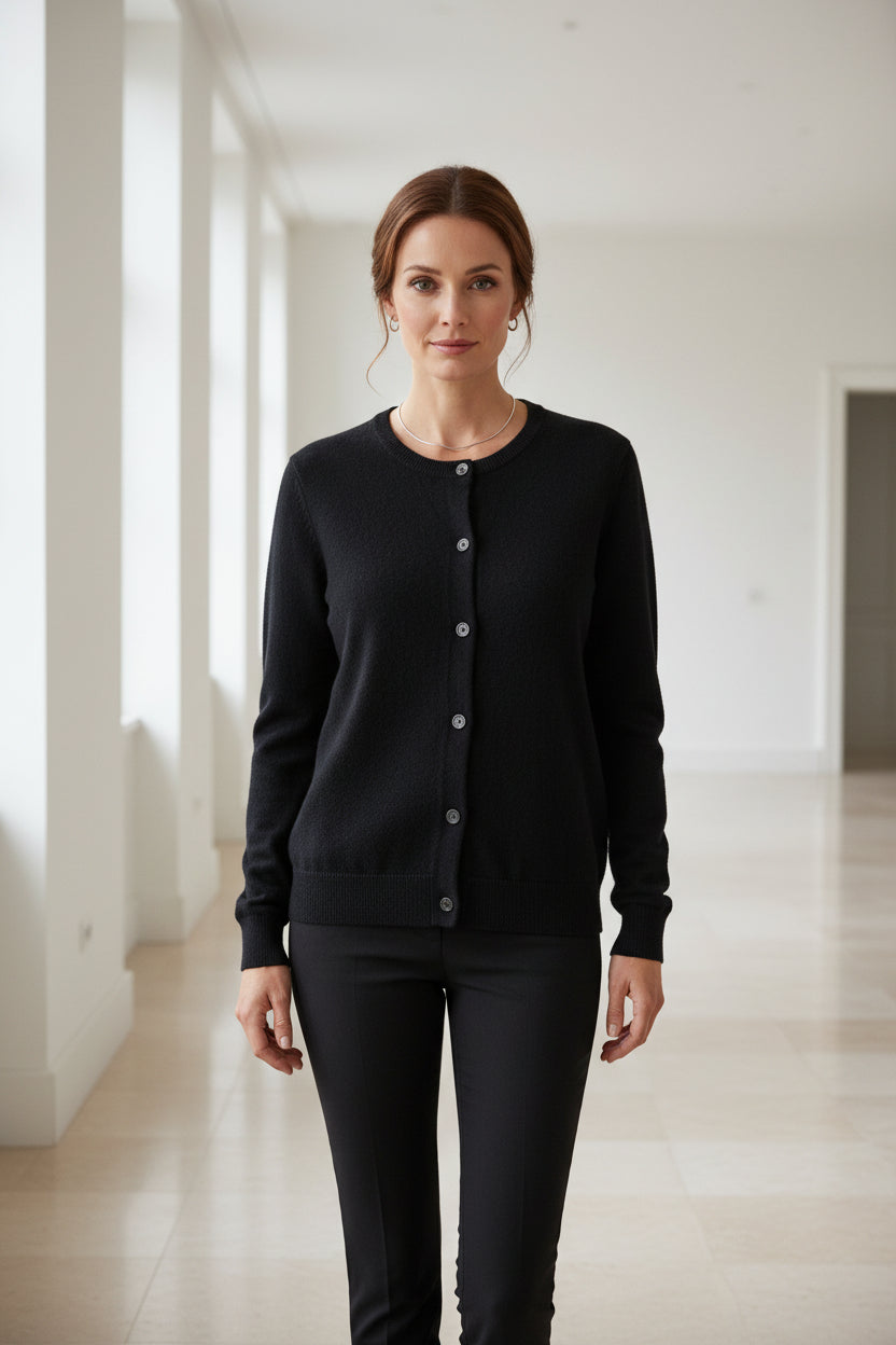 Black merino wool cardigan with button-front, ribbed crew neckline, long sleeves
