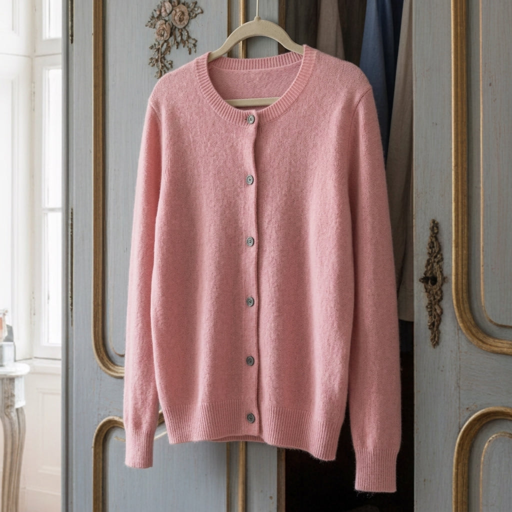 Pink merino wool cardigan with button-front, ribbed crew neckline, long sleeves