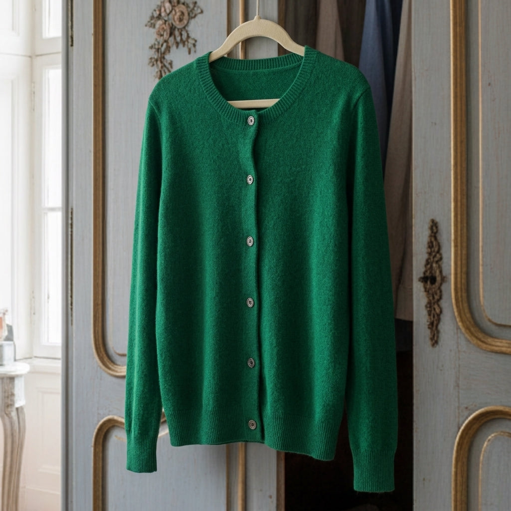 Green merino wool cardigan with button-front, ribbed crew neckline, long sleeves
