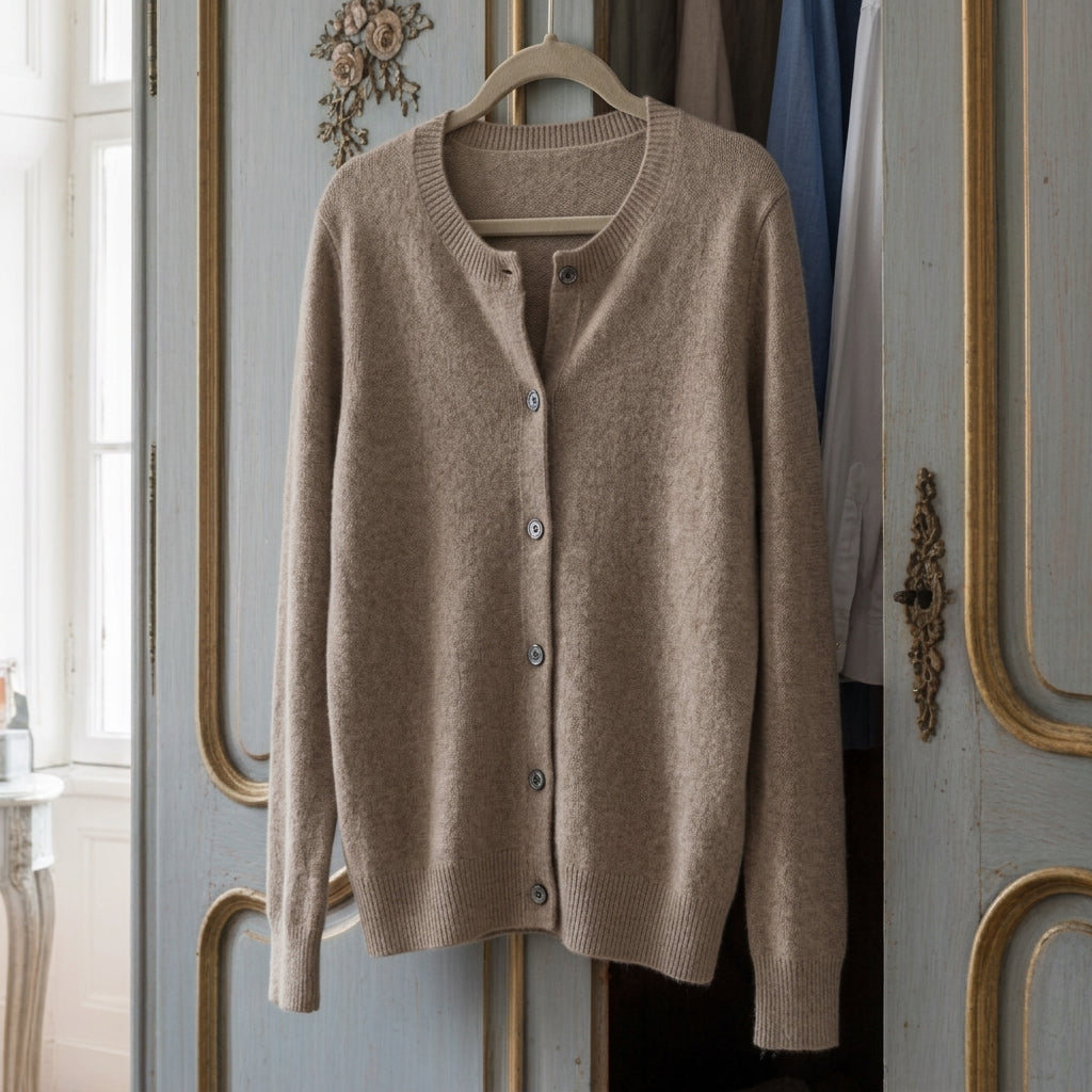 Taupe merino wool cardigan with button-front, ribbed crew neckline, long sleeves
