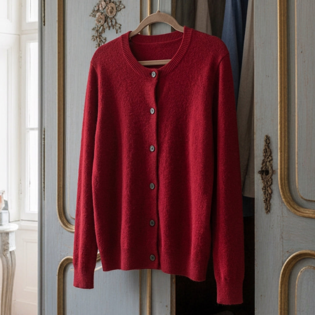 Red merino wool cardigan with button-front, ribbed crew neckline, long sleeves