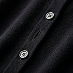 Dark merino wool cardigan button placket close-up with four front buttons