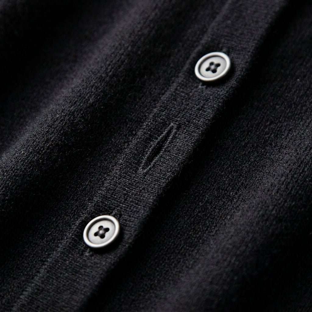 Dark merino wool cardigan button placket close-up with four front buttons