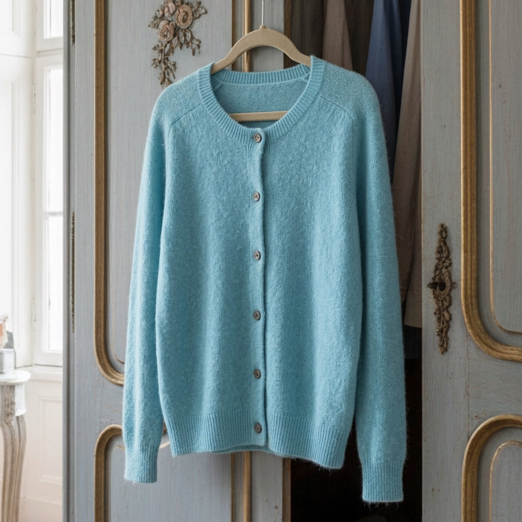 Blue merino wool cardigan with button-front, ribbed crew neckline, long sleeves