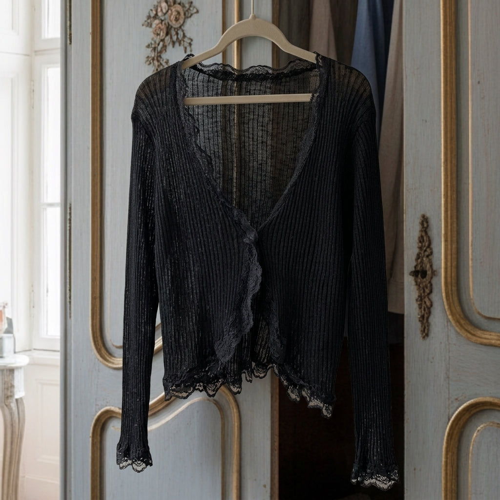 Women's cotton-blend open cardigan in black, rib knit with lace-trim V-neck