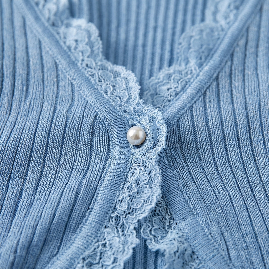 Women's cotton-blend open cardigan in light blue, V-neck with lace panel and pearl button