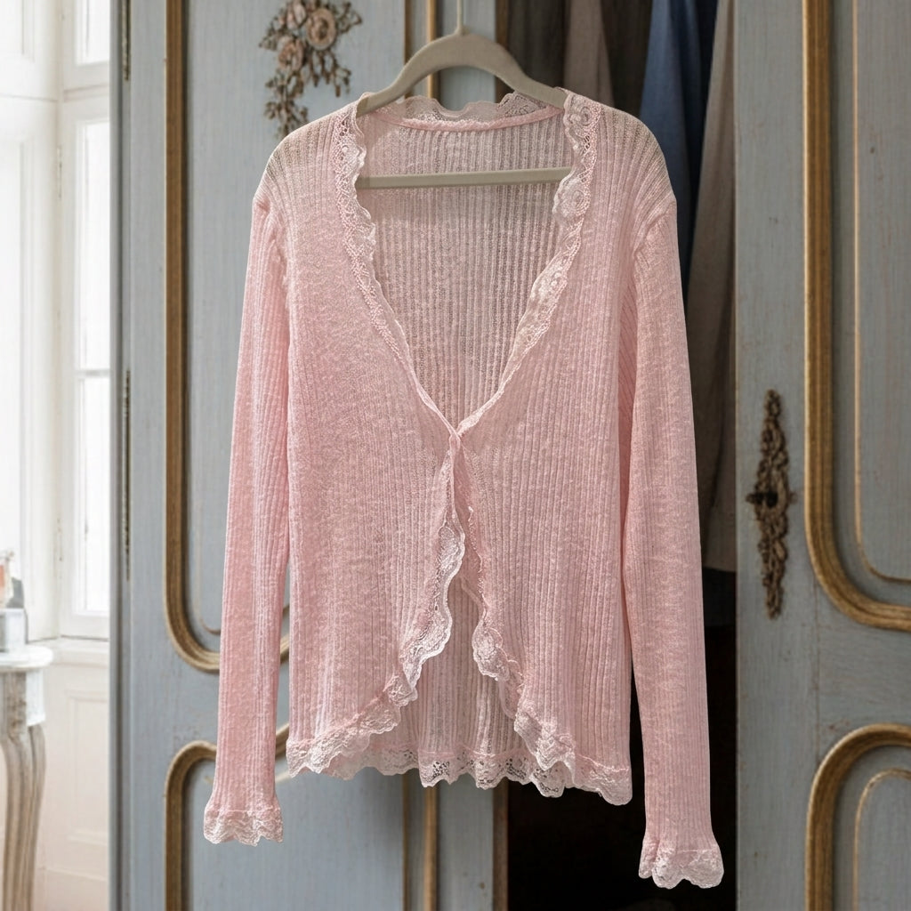 Women's cotton-blend open cardigan in dusty pink, rib knit with lace-trim V-neck