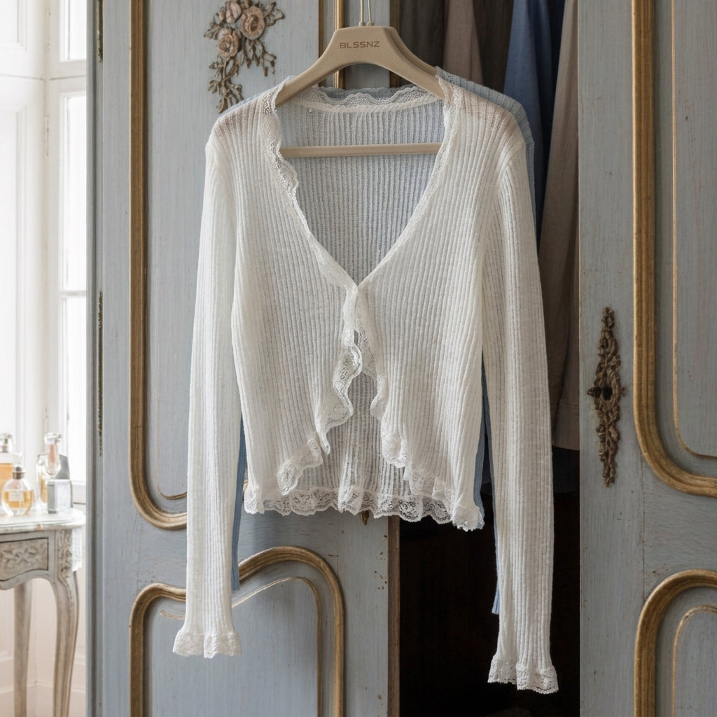 Women's cotton-blend open cardigan in white, rib knit with lace-trim V-neck