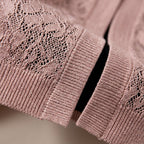 Cropped lace knit cardigan, half sleeves, ribbed trim and openwork pattern in light pink