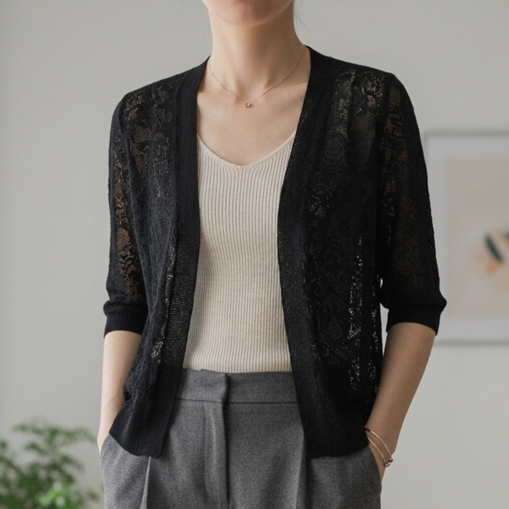 Cropped lace knit cardigan with openwork lace texture and half sleeves in black