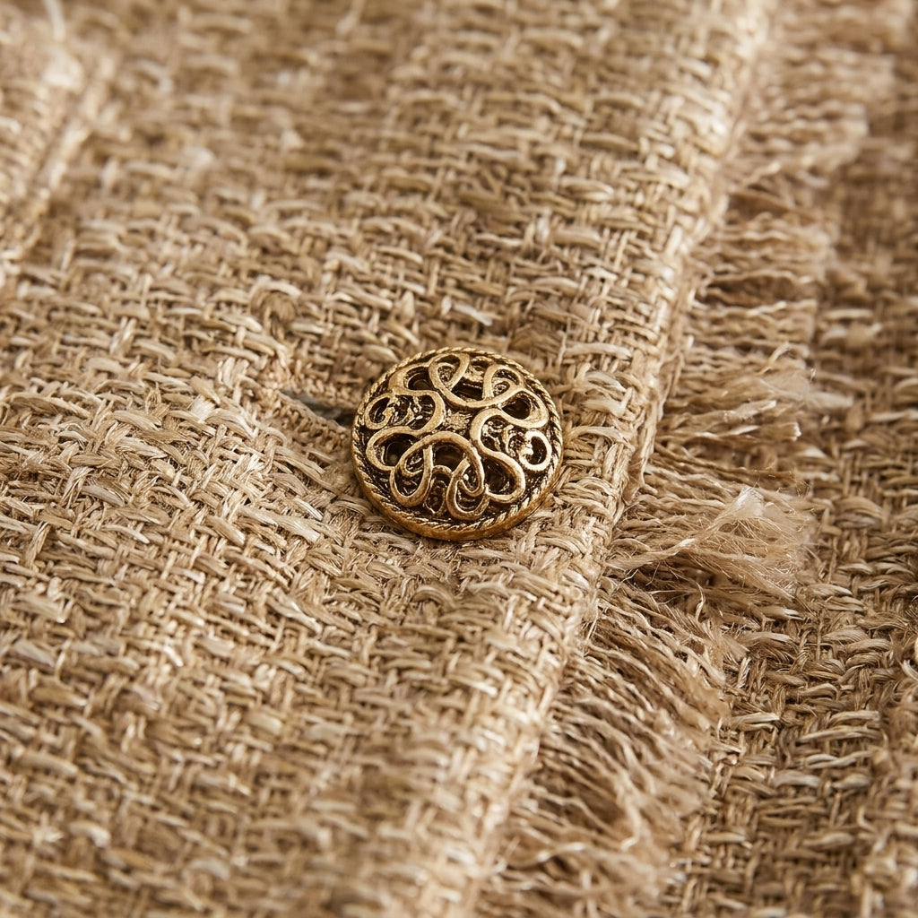 Brown tweed cropped jacket button close-up with ornate gold-tone detail