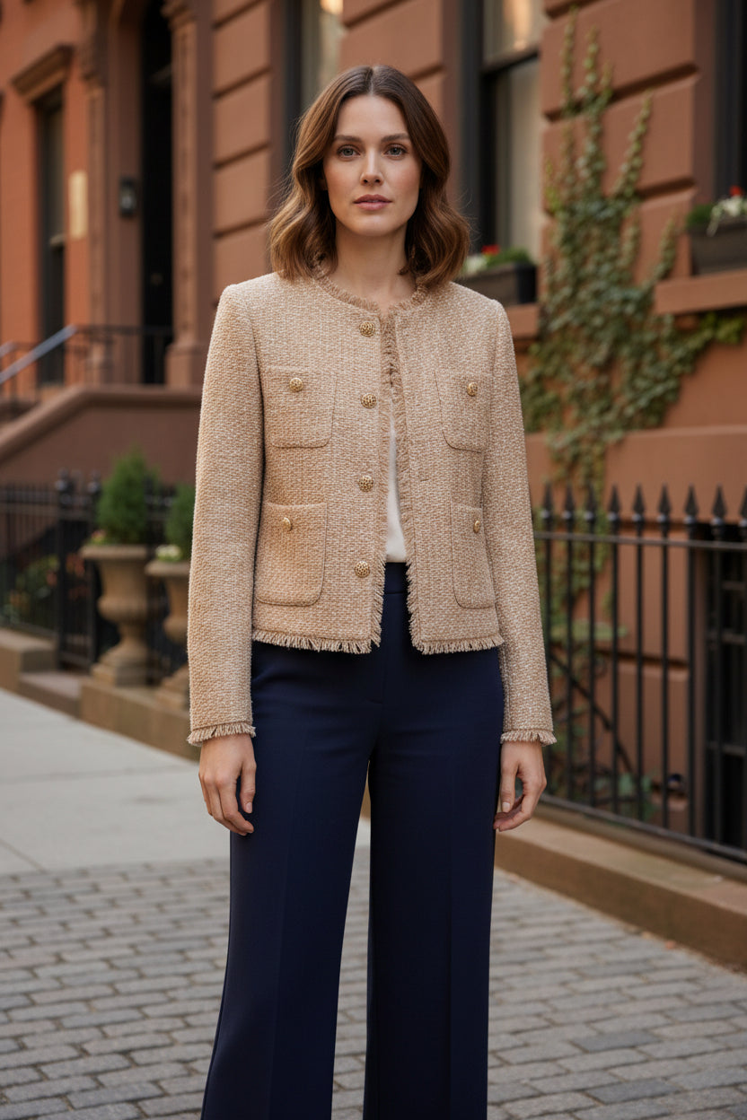 Brown cropped tweed jacket worn with jeans; button front and short frayed sleeves