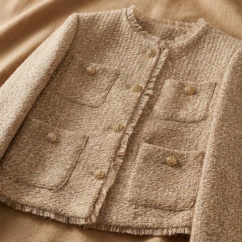 Brown cropped tweed jacket front with flap pockets, button placket, frayed hem