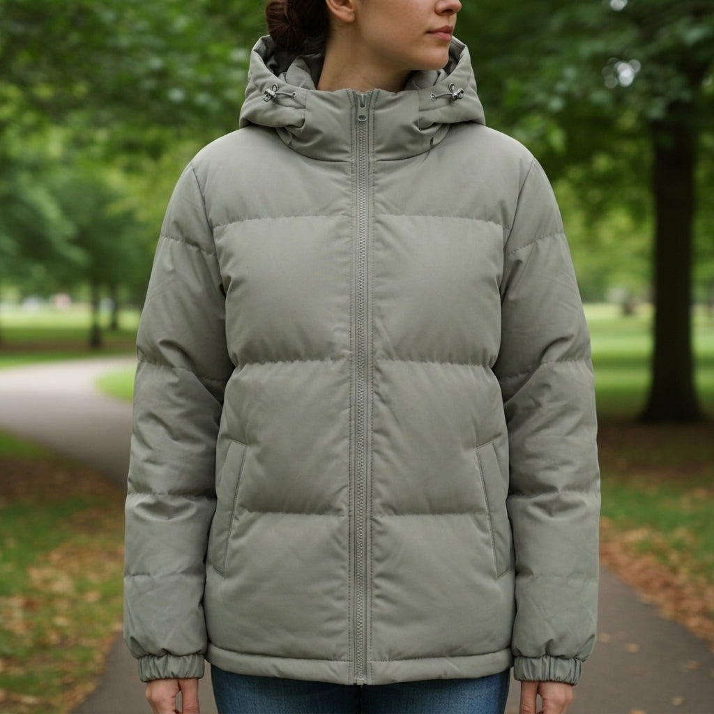 Olive grey hooded puffer jacket with front zipper and quilted block panels