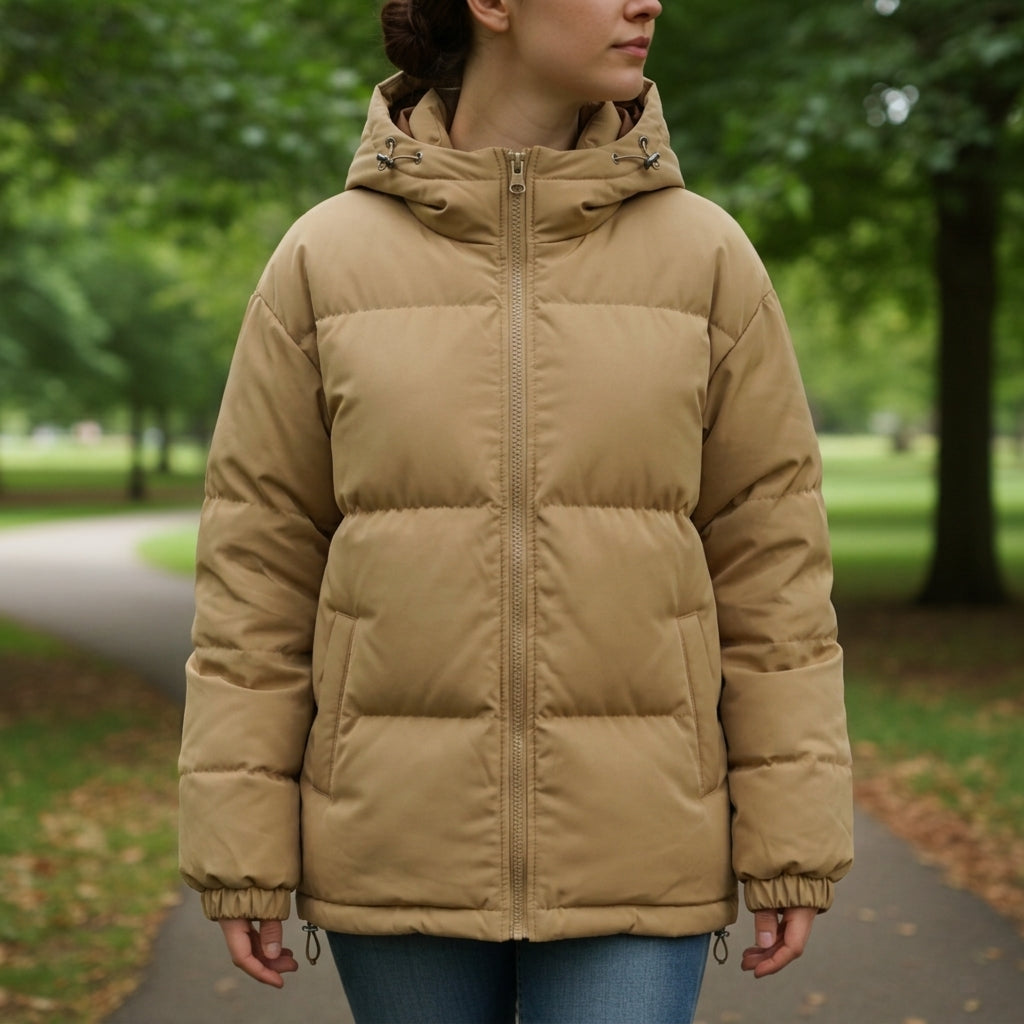 Tan hooded puffer jacket with front zipper and quilted rectangular panels