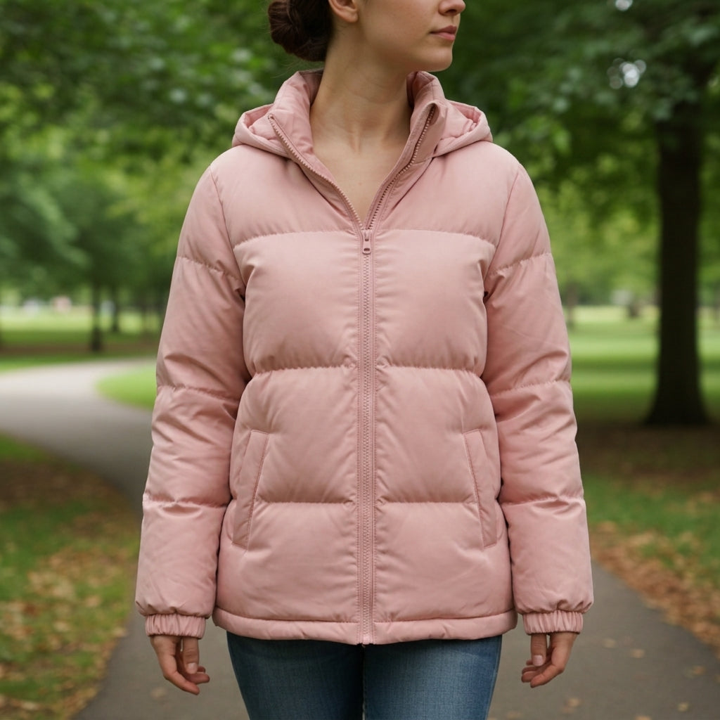 Blush pink hooded puffer jacket with full zipper and quilted stitched panels