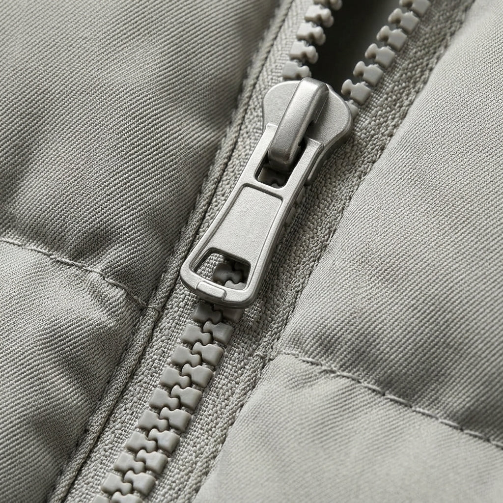 Light grey puffer jacket zipper close-up with metal pull and fabric trim