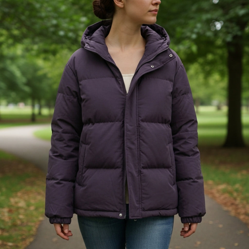 Dark purple hooded puffer jacket with front zipper and quilted stitched panels
