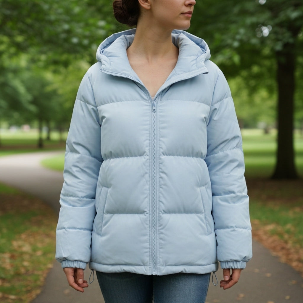 Light blue hooded puffer jacket with front zipper and quilted panel construction