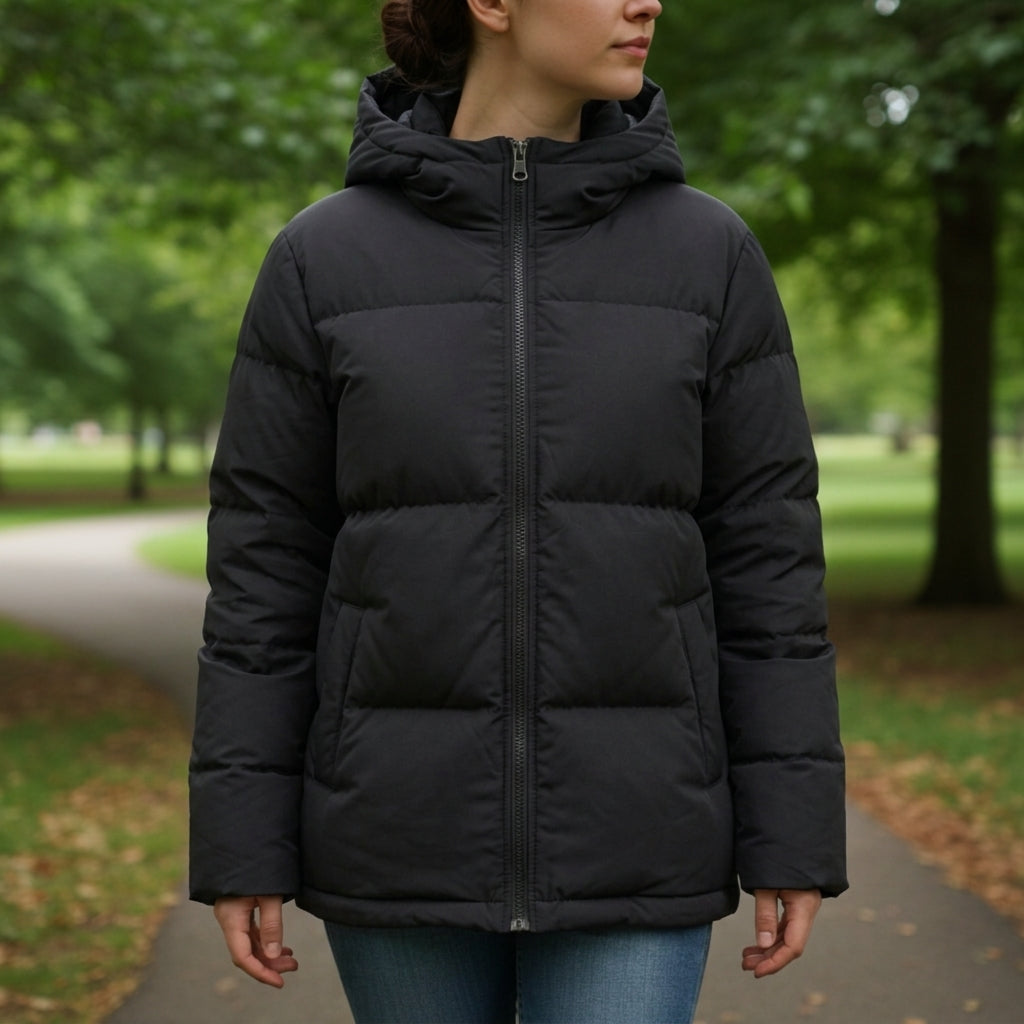 Black hooded puffer jacket with full front zipper and quilted stitched panels