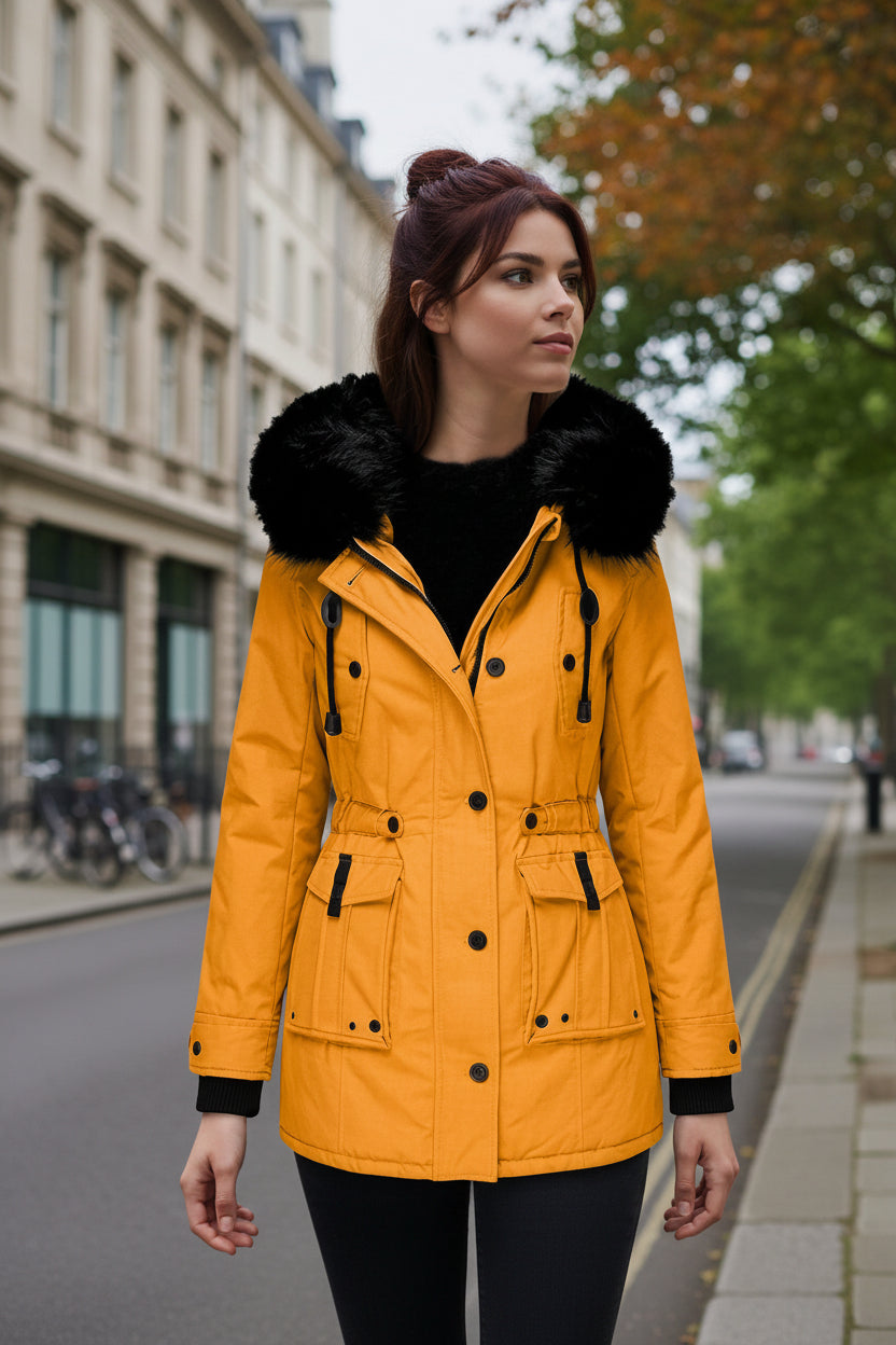 Tonalia Bexlina parka jacket with hood, orange with faux-fur trim and buttoned pockets