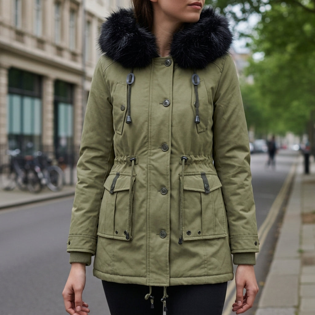 Tonalia Bexlina parka jacket with hood, olive green with faux-fur trim and flap pockets