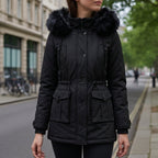 Tonalia Bexlina parka jacket with hood, black with faux-fur trim and flap pockets