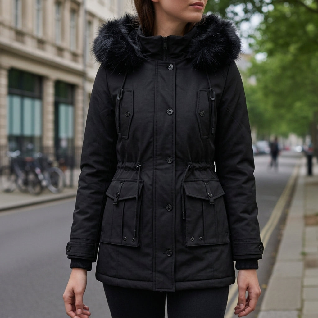 Tonalia Bexlina parka jacket with hood, black with faux-fur trim and flap pockets