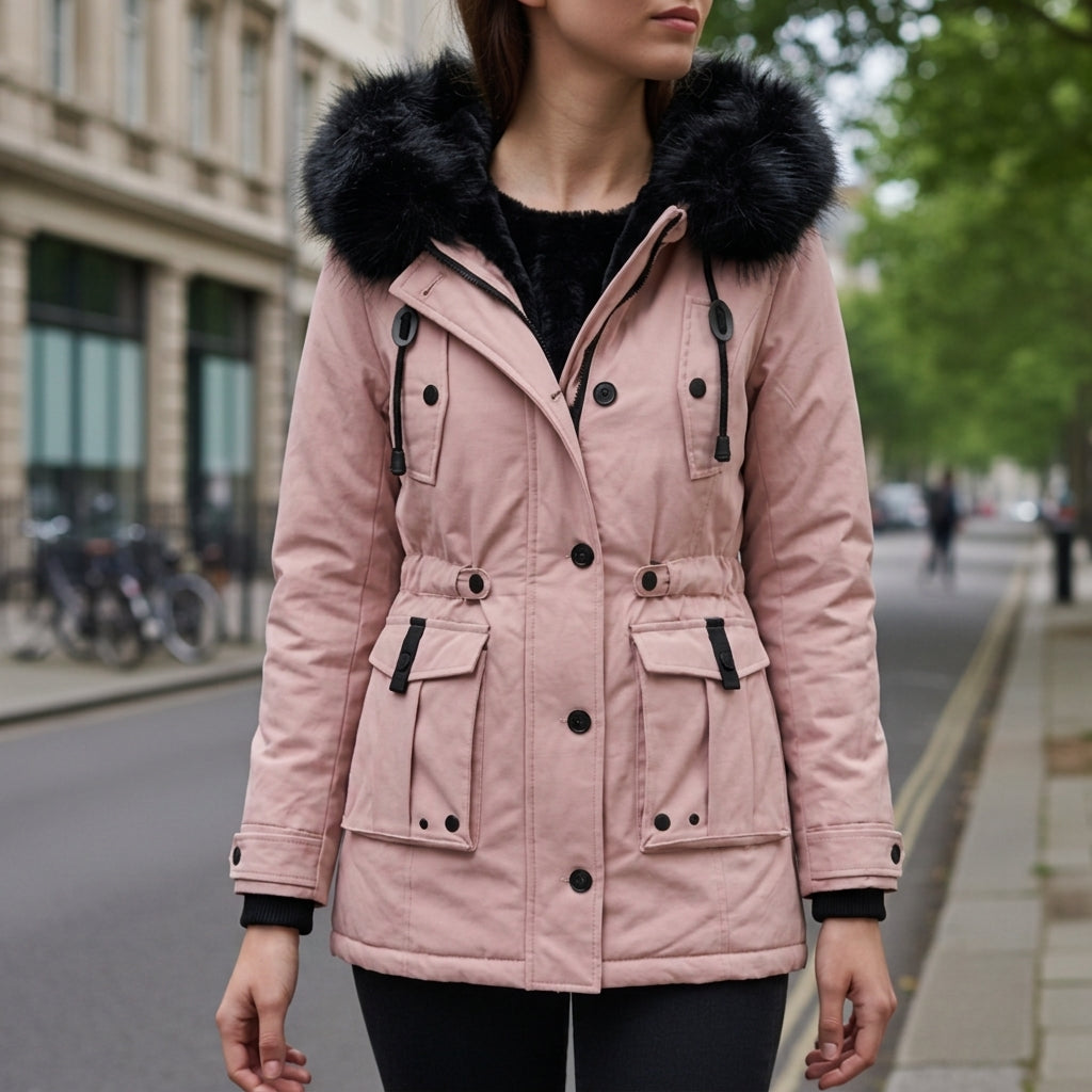 Tonalia Bexlina parka jacket with hood, blush pink with faux-fur trim and utility pockets