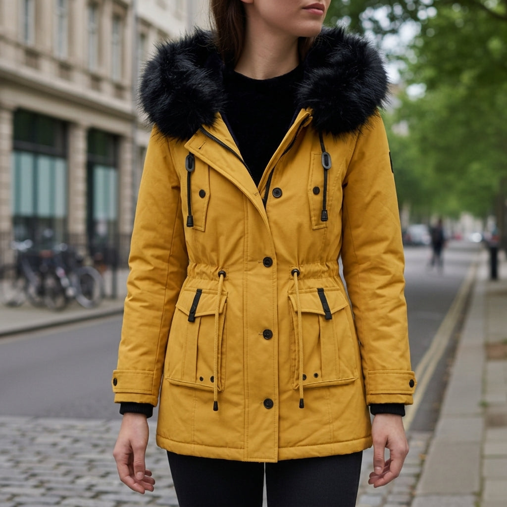 Tonalia Bexlina parka jacket with hood, mustard yellow with faux-fur trim and side pockets