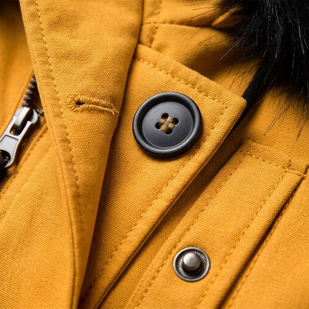 Tonalia Bexlina parka jacket with hood, yellow fabric with black button and snaps