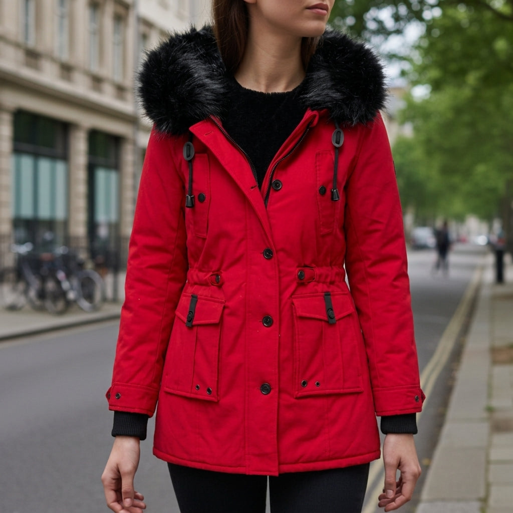 Tonalia Bexlina parka jacket with hood, red with faux-fur trim and cargo flap pockets
