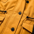 Tonalia Bexlina parka jacket with hood, yellow front with buttons and utility pockets