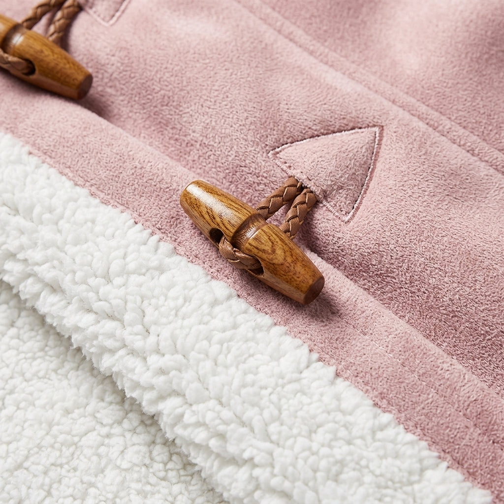 Women’s hooded jacket with toggle buttons and sherpa-lined interior, light pink