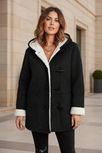 Women’s hooded jacket with sherpa lining and toggle front, black