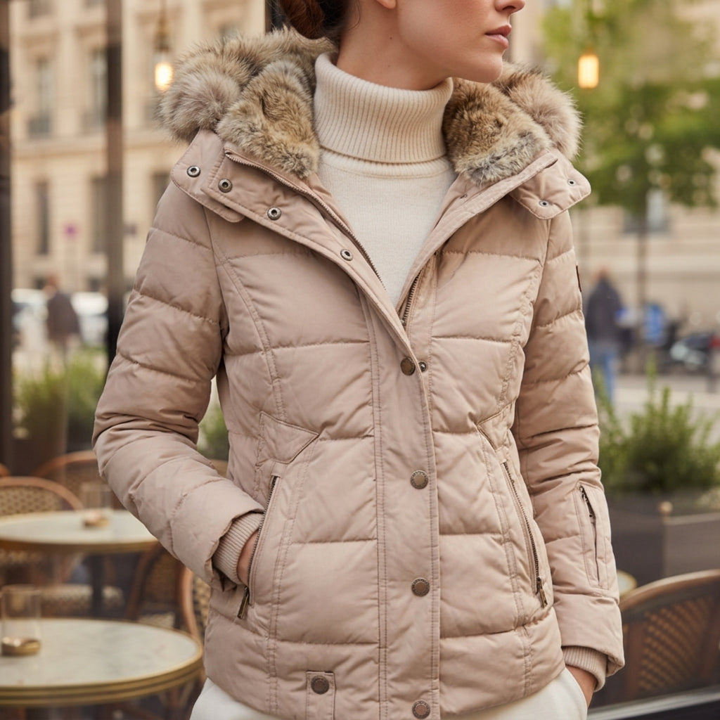 Beige women’s quilted jacket with faux fur trimmed hood and snap button closure