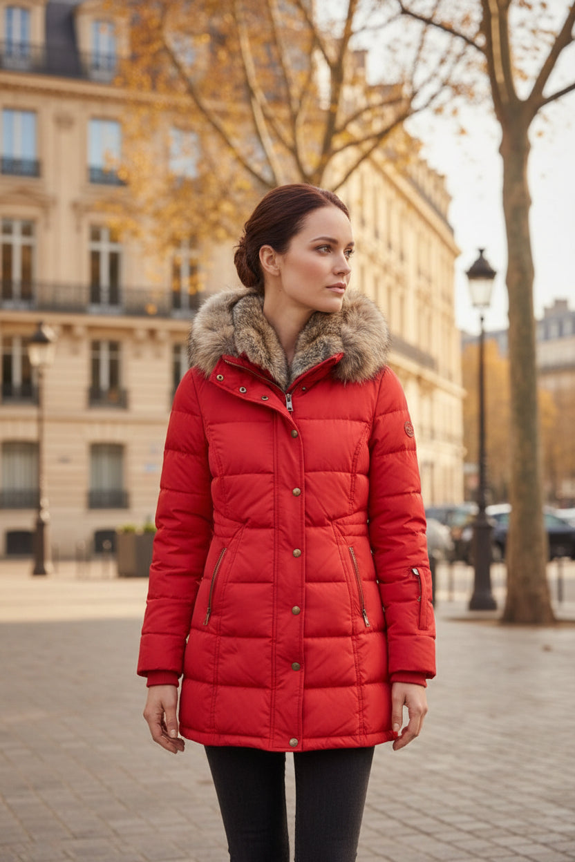 Red women’s quilted jacket with faux fur trimmed hood and button-front closure