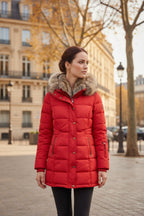 Red women’s quilted jacket with faux fur trimmed hood and button-front closure