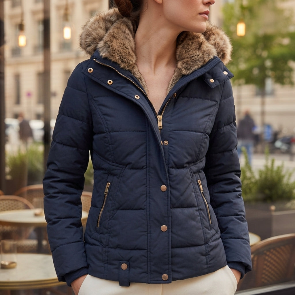 Navy women’s quilted jacket with faux fur hood lining and zip-front closure