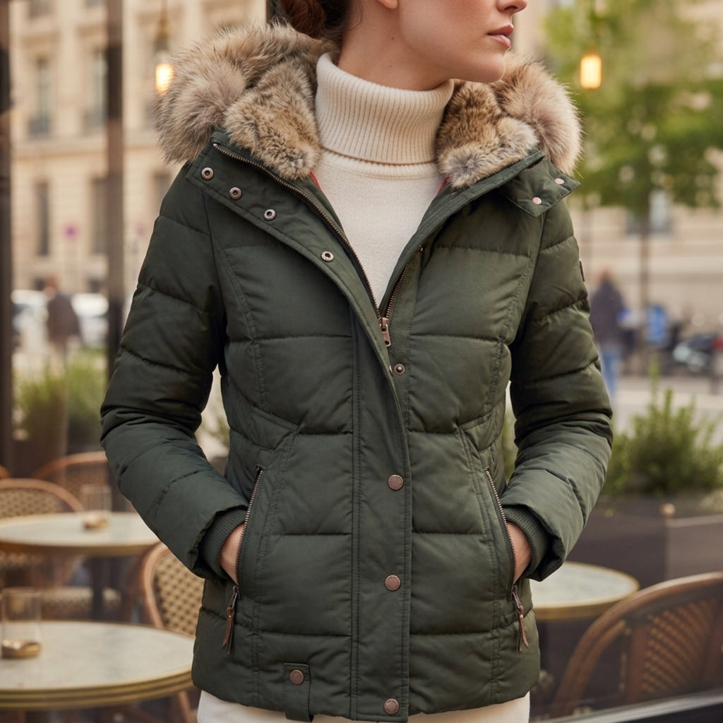 Dark green women’s quilted jacket with faux fur collar, hood, and snap buttons