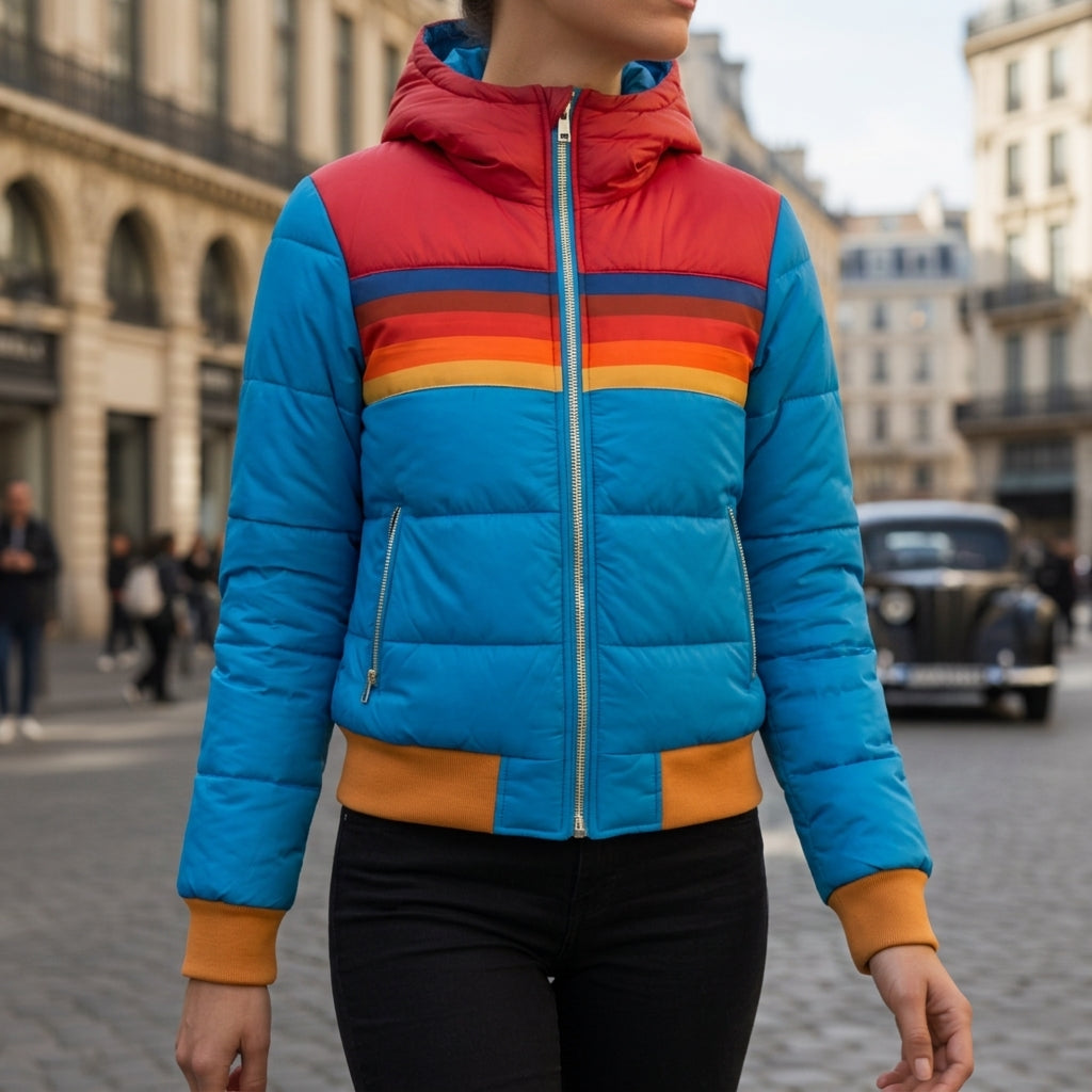 Light blue quilted hooded jacket with multicolor stripe bands and ribbed cuffs