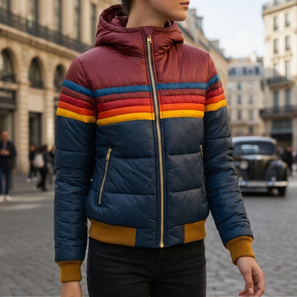 Dark blue quilted hooded jacket with rainbow stripe bands and mustard cuffs