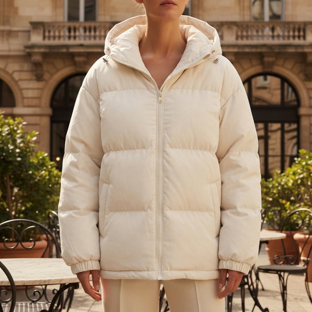 Light beige hooded puffer jacket with full-zip front and ribbed cuffs