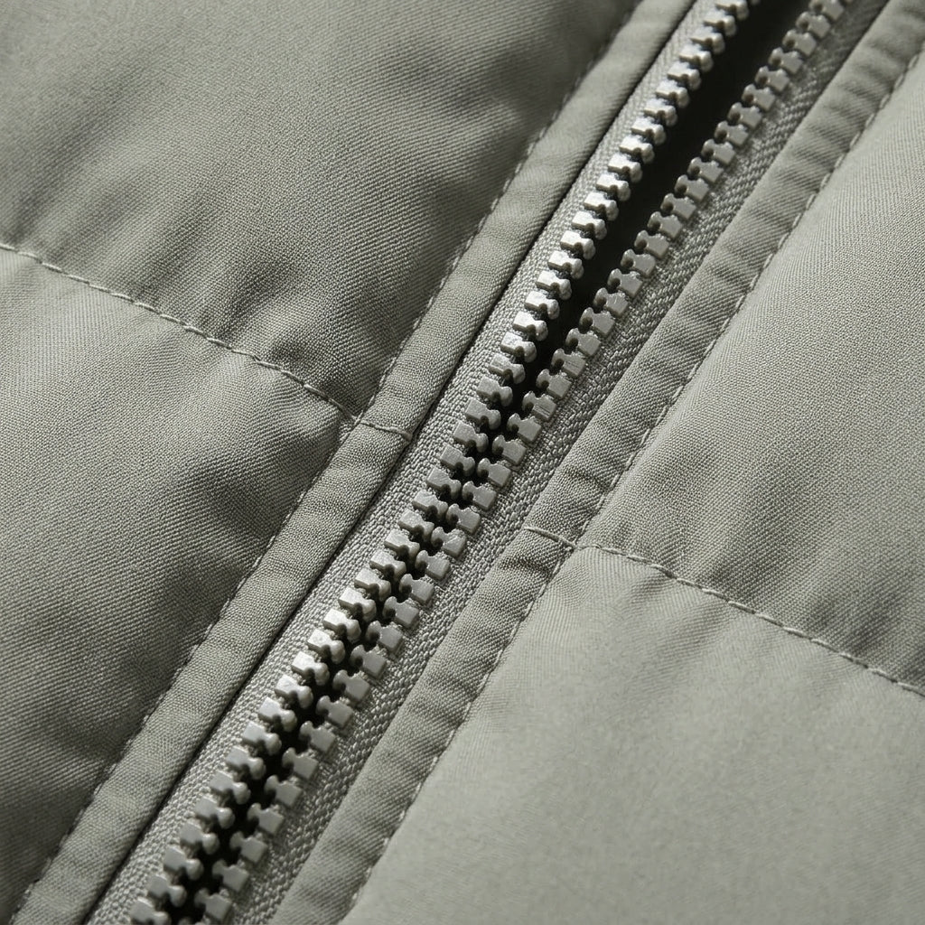 Hooded puffer jacket zipper detail with textured pull tab