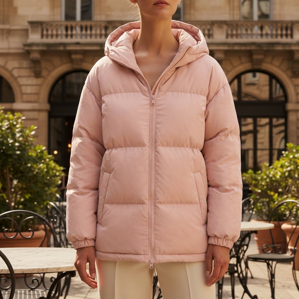 Pink hooded puffer jacket with full-zip front and ribbed sleeve cuffs