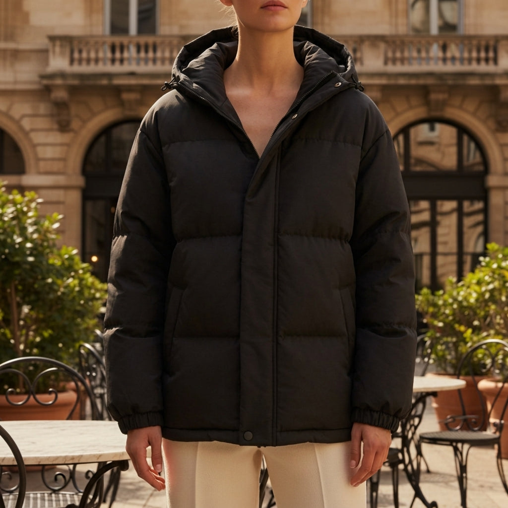 Black hooded puffer jacket with full-zip front and ribbed knit cuffs