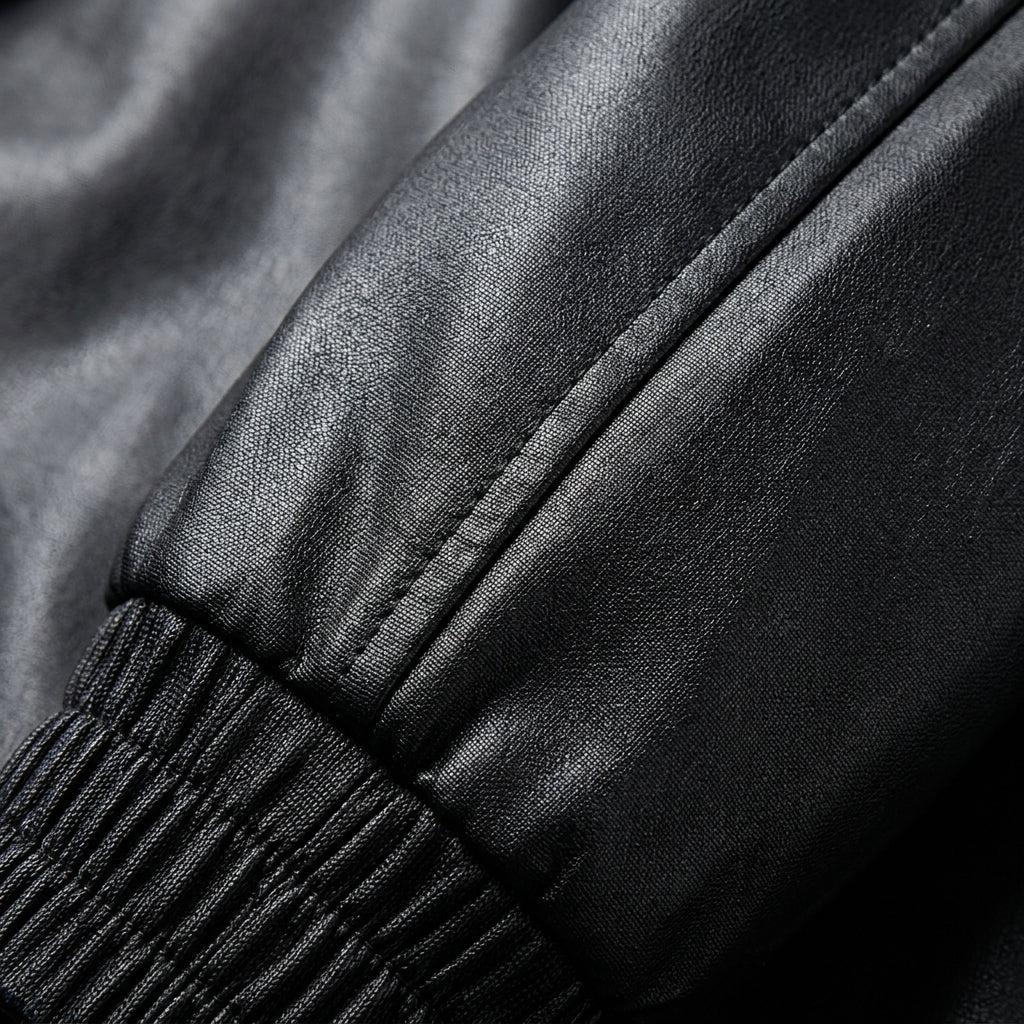 Black oversized bomber jacket sleeve cuff with ribbed elastic trim and seam detail