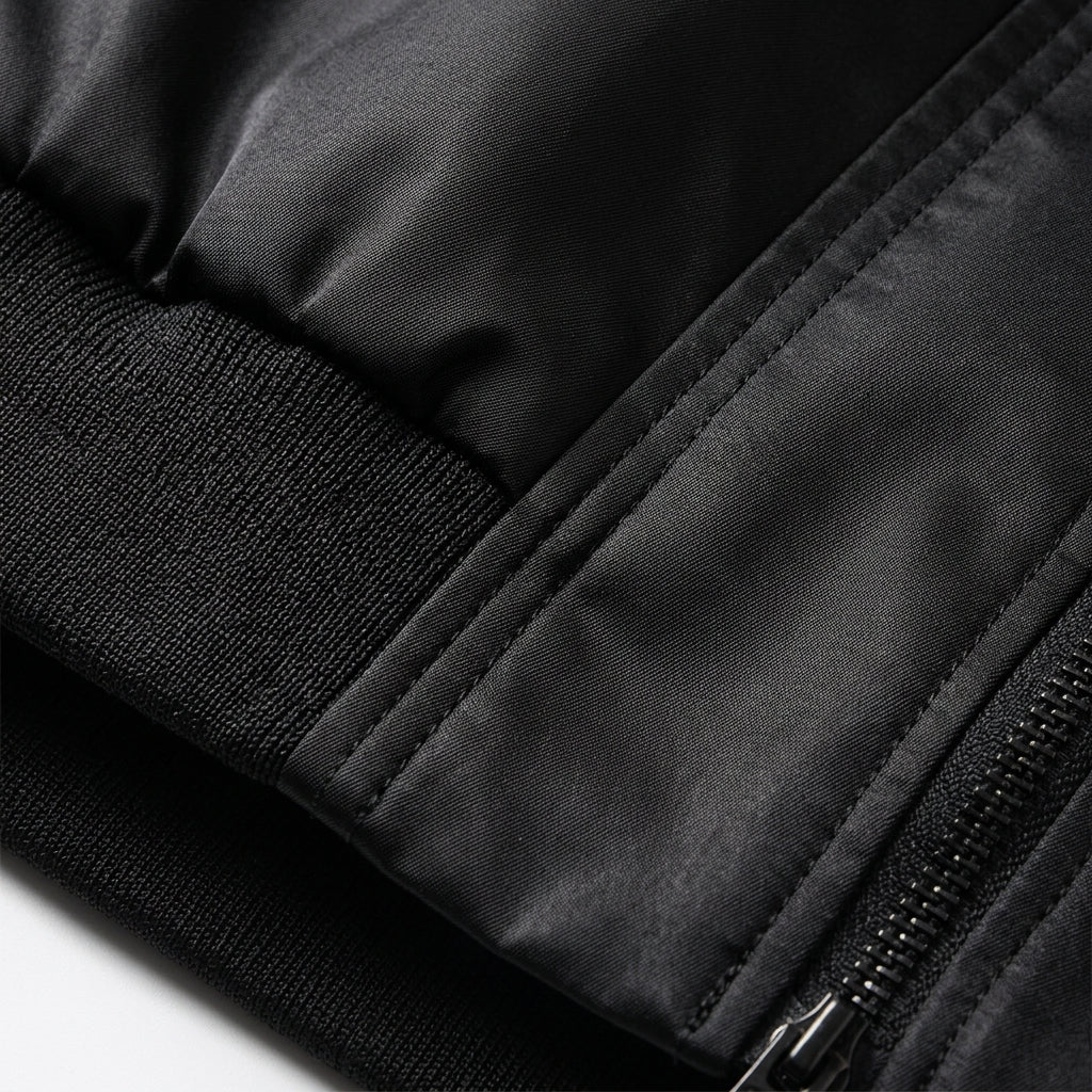 Black oversized bomber jacket hem with ribbed cuff and front zipper detail