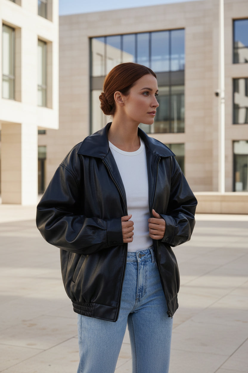 Black oversized bomber jacket with stand collar, full front zipper, and ribbed cuffs