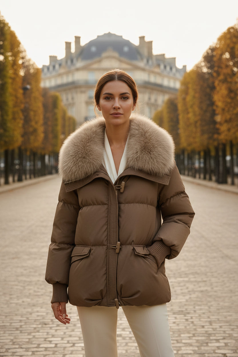 Taupe puffer jacket with faux fur collar, zip front, and flap pockets.